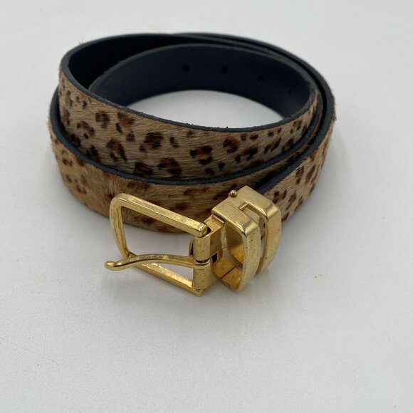 Leather Calf Hair Leopard Print Belt XL Brown Animal Print Gold Buckle Sz 40" - Picture 1 of 7
